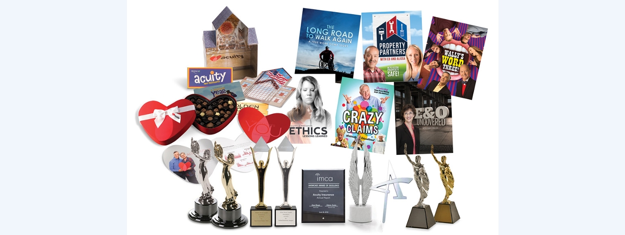 Several of Acuity's annual reports (top left) and educational videos (top right) earned awards for creativity in national and international competition.