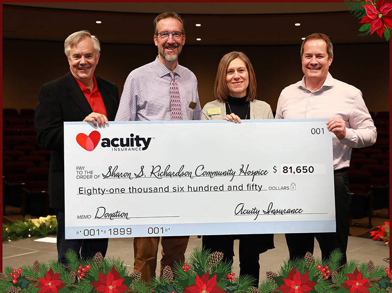 Sharon S. Richardson: Joe Zenk and Charmaine Conrad from Sharon S. Richardson Community Hospice accept a check for over $81,000 from Acuity’s Shane Paltzer and Ben Salzmann.