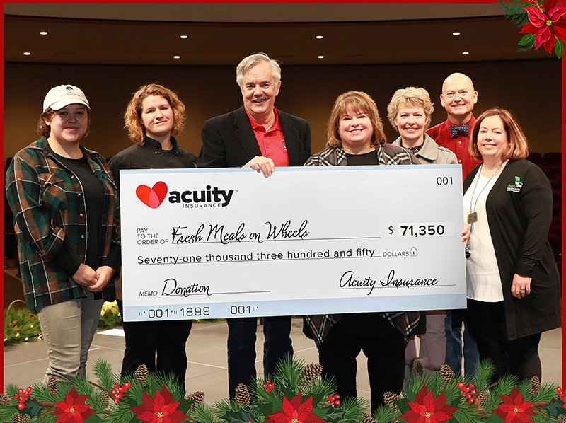 Fresh Meals on Wheels: CEO Allison Thompson, Amy Stader, Alyssa Miller, Wendy Kaeppler, and Molly Mata from Fresh Meals on Wheels accept a check for over $71,000 from Acuity’s Wally Waldhart and Ben Salzmann