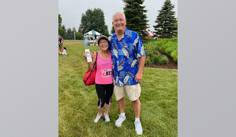 Participant Linda McAteer-Palmer of Kohler, wearing a shirt that reads “Will Run for Strawberry Soup,” with Acuity Executive Chef Mike Luedke, who is renowned for his culinary creation. (Photo courtesy of Jennifer Schleinz-Herbst.)