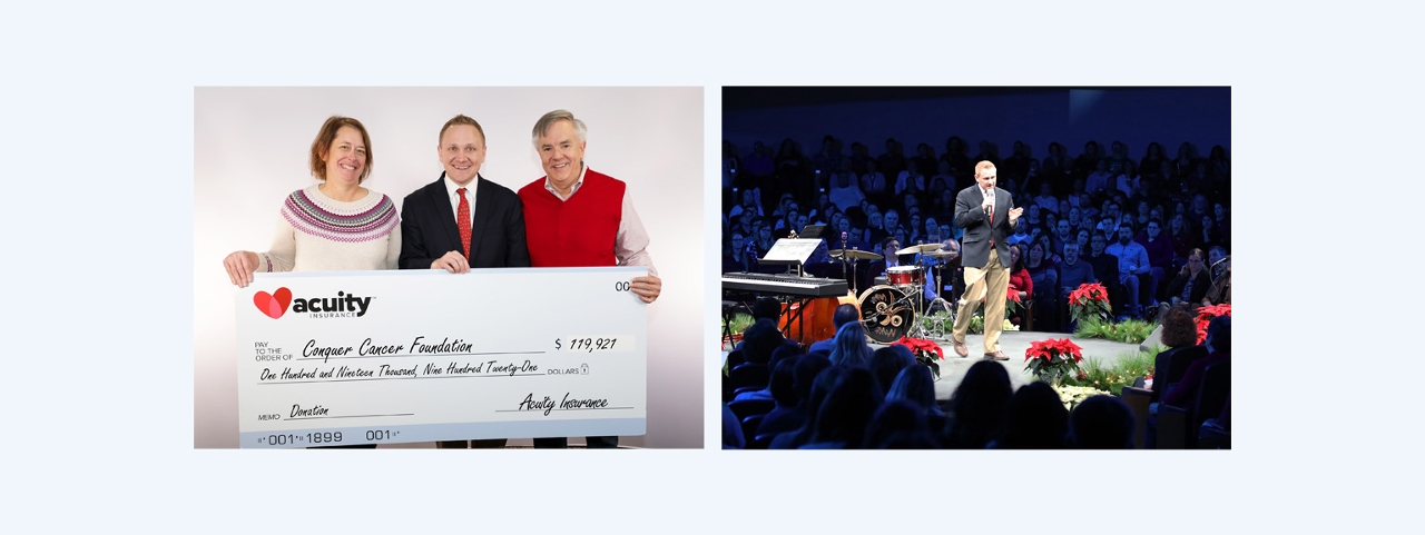 Conquer Cancer: Andrea Clay and Dave Wiemer of Conquer Cancer Foundation accept a check of nearly $120,000 from Ben Salzmann. Five other charities received a total of $380,000.