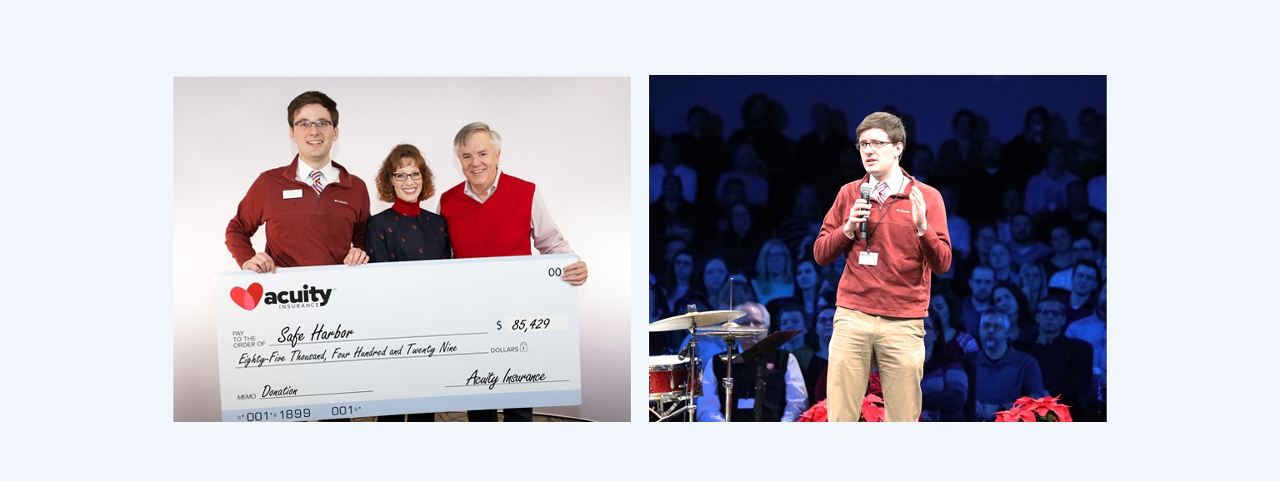 Safe Harbor: Safe Harbor’s Ryan Sorenson accepts a check for over $85,000 from Acuity’s Sheri Murphy and Ben Salzmann.